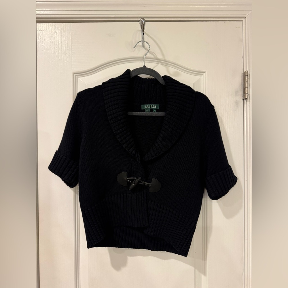 Ralph Lauren Black Cardigan Short Sleeve Shawl Cropped Sweater